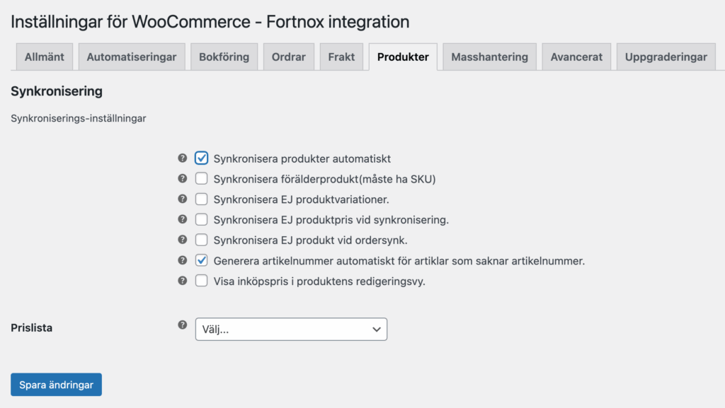 Bild som visar olika alternativ för synkronisering av produkter för Wetail's Fortnox-integration.