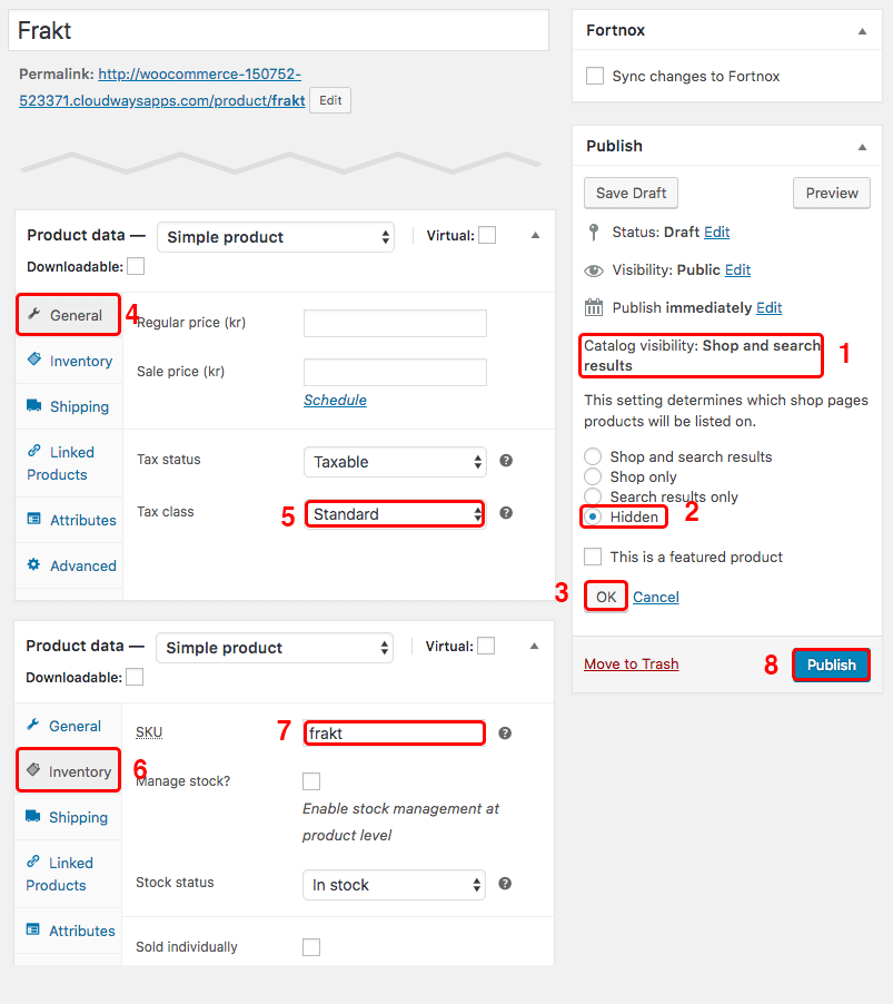 Bild som visar hur man skapar upp en artikel för frakt som sedan används i Wetail's Fortnox-integration.
