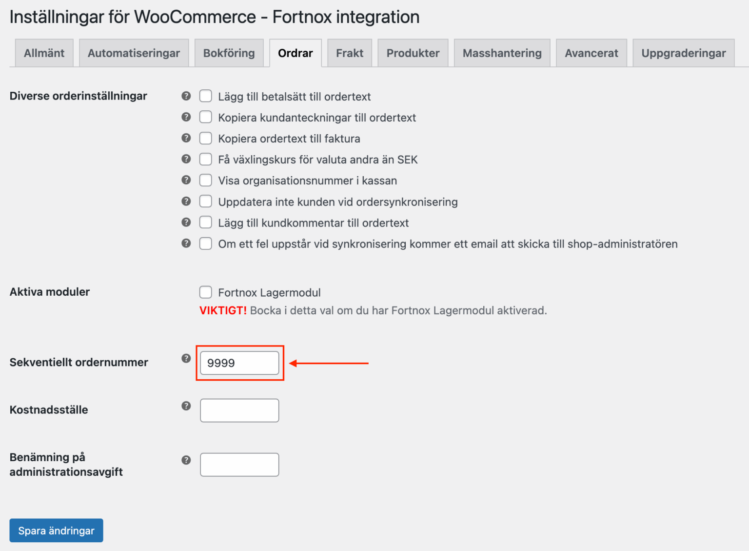 Bild som visar hur man sätter ett prefix till sina ordernummer i Wetail's Fortnox-integration.