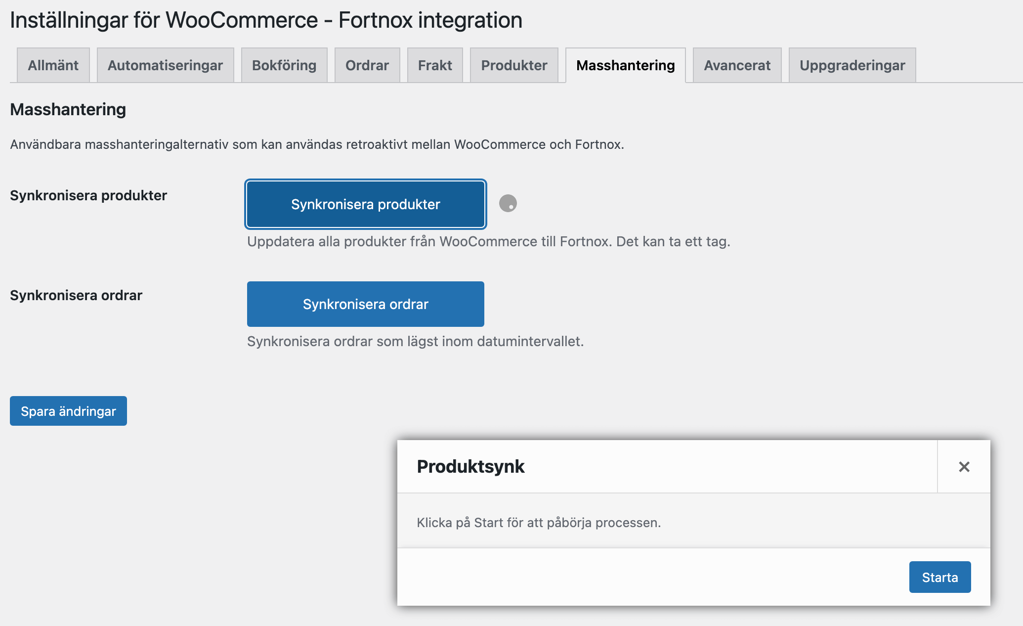Bild på hur man bulk-synkroniserar produkter från WooCommerce till Fortnox