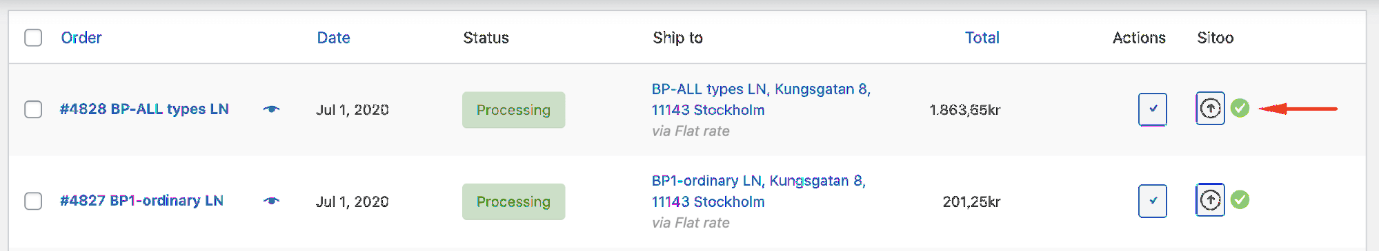 Ordrar som synkroniserats till Sitoo